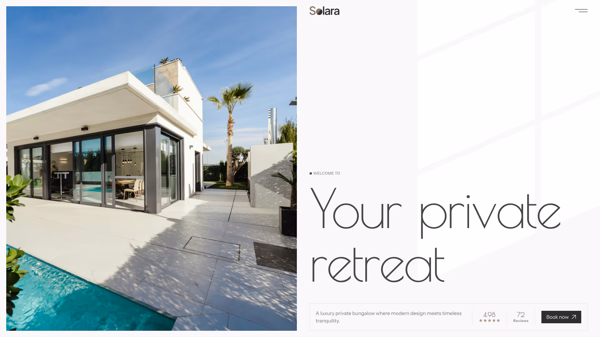 Modern luxury bungalow with large glass windows, outdoor patio, palm tree, and turquoise swimming pool under a clear blue sky, accompanied by text reading 'Your private retreat' promoting a private, tranquil getaway.
