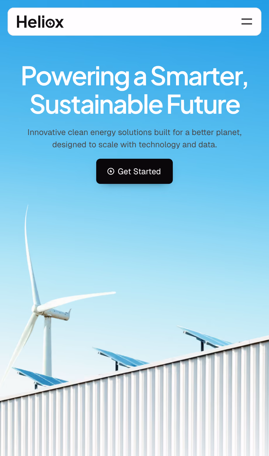 Website header showing a white wind turbine and solar panels on a rooftop under a clear blue sky, with text promoting clean energy solutions and a black 'Get Started' button.